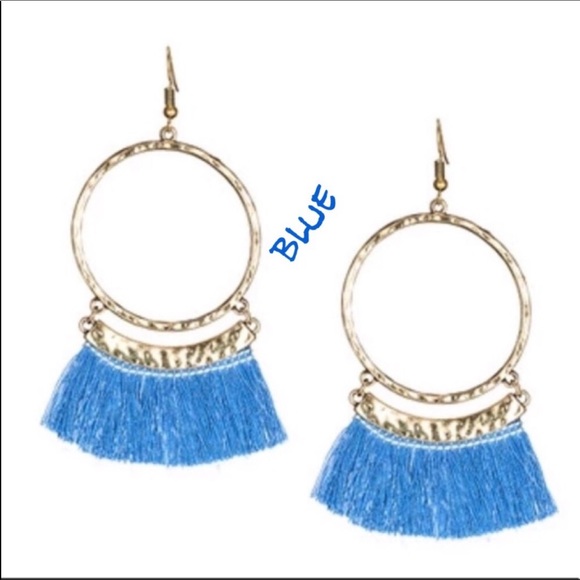 Tassel Fringe Hoop Earrings, Blue, Teal - Picture 2 of 3